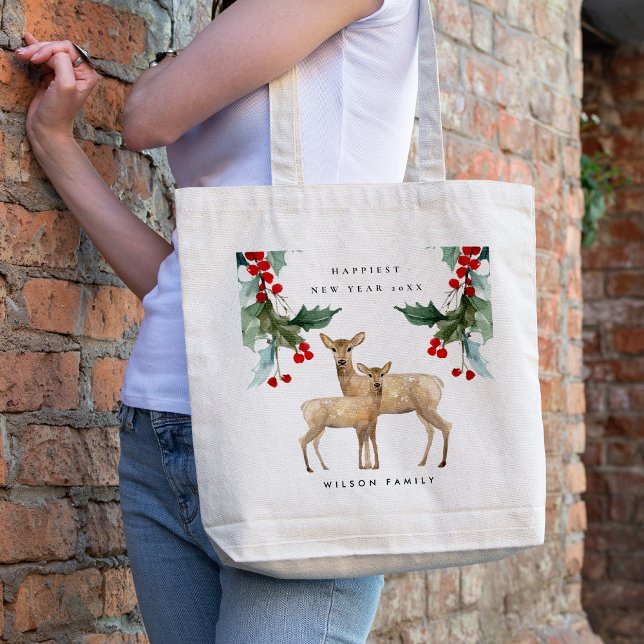 TOTE BAG ÉLÉGANT ROUGE VERT HOLLY BERRY DEER DUO NOUVEL AN (Créateur téléchargé)