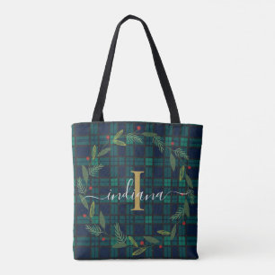 Tote Bag Élégant Rustique Plaid Monogramme Script Wreath Ta