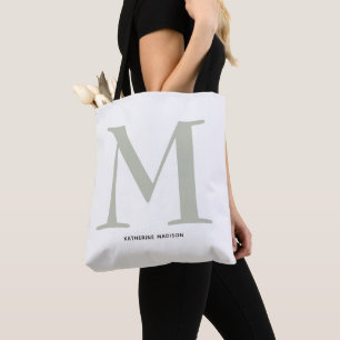 Tote Bag Élégant Sage Green Monogramme Nom