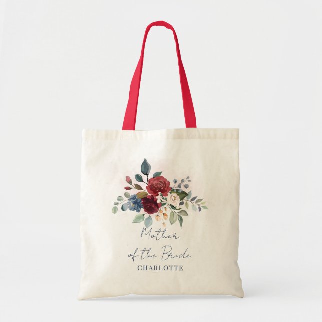 Tote Bag Élégant Script Floral Bordeaux Mère de la Mariée (Devant)