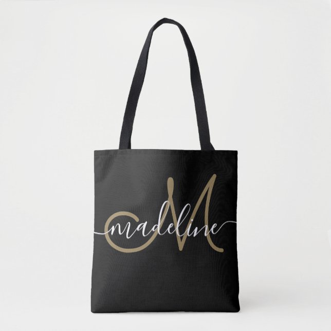 Tote Bag Élégant Script Monogramme Nom Moderne Chic (Devant)