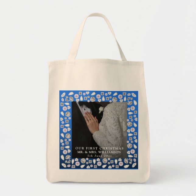 Tote Bag Elégant Silver Blue Heart Diamond Premier Noël (Devant)