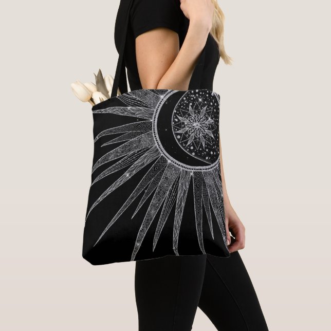 Tote Bag Elégant Silver Sun Moon Mandala Black Design (De près)