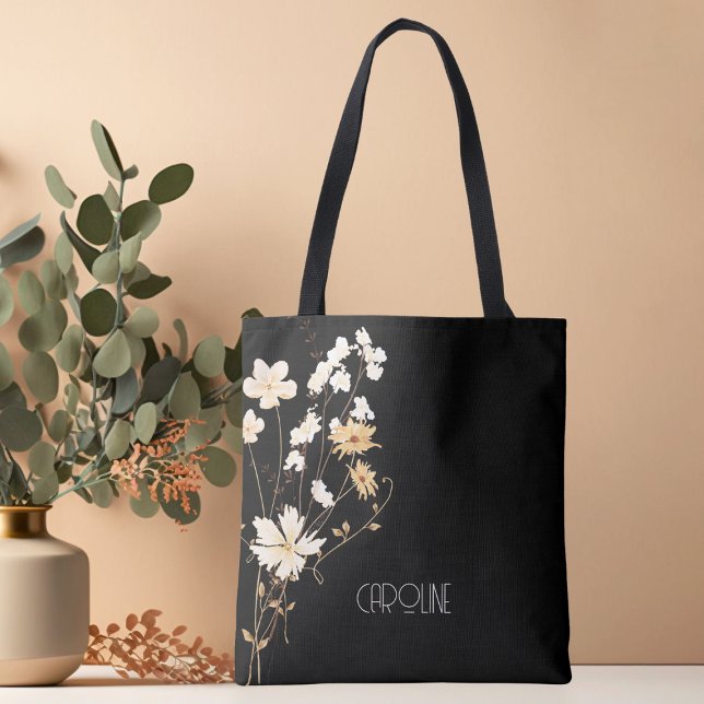 Tote Bag Élégant Stylé Fleur Noir Bohème Mignon  (Créateur téléchargé)