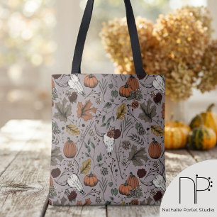Tote Bag Élégant Taupe Récolte d'Automne et Crânes de Vache