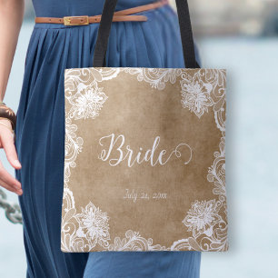 Tote Bag Élégant Vintage Blanc Contour Floral Mariage 