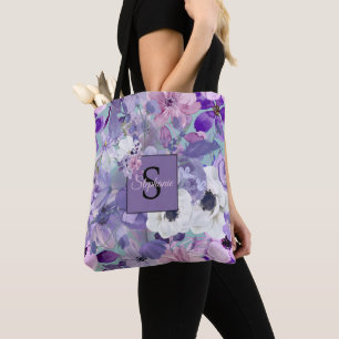 Tote Bag Élégant Violet Et Violet Fleurs sauvages Et Monogr