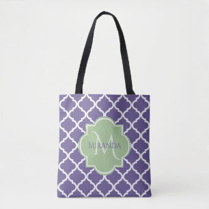 Tote Bag Élégant violet Quatrefoil et nom vert Monogramme