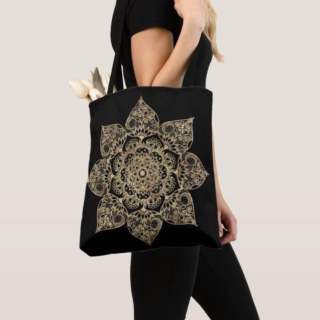 Tote Bag Elegant White Gold Mandala Floral  (De près)