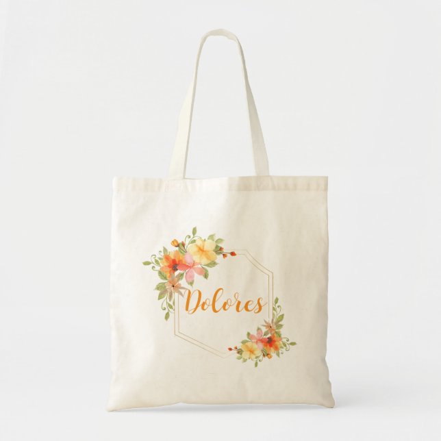 Tote Bag Elégante aquarelle Jaune Floral Nom (Devant)