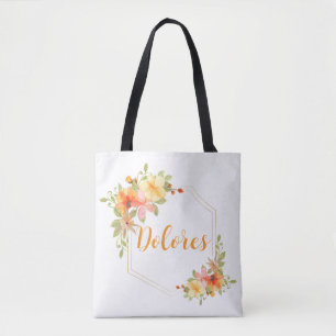 Tote Bag Elégante aquarelle Jaune Floral Nom