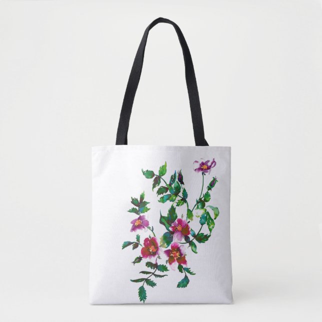 Tote Bag Elégante aquarelle moderne fleur sauvage rose fonc (Devant)