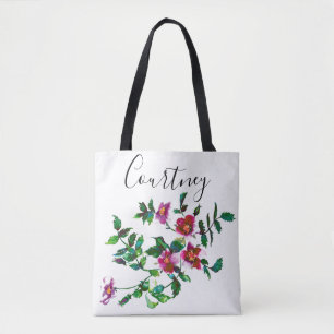 Tote Bag Elégante aquarelle moderne fleur sauvage rose fonc