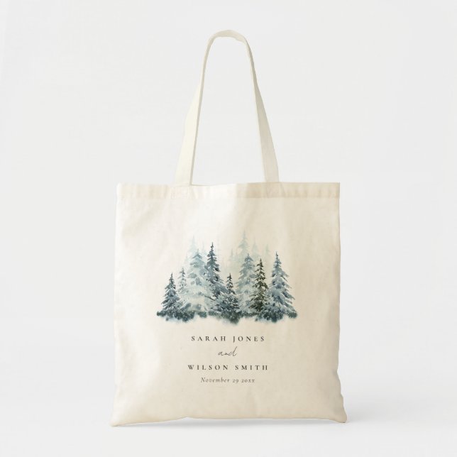 Tote Bag Elégante aquarelle neige hiver Mariage de pin (Devant)