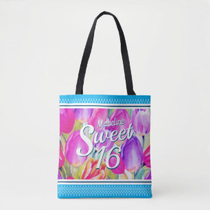 Tote Bag Elégante aquarelle rose florale avec finition bleu