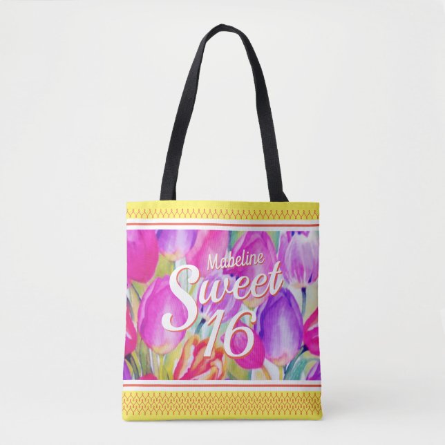 Tote Bag Elégante aquarelle rose florale avec finition jaun (Devant)