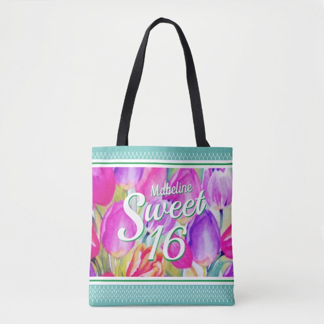 Tote Bag Elégante aquarelle rose florale avec finition vert (Devant)