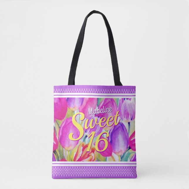 Tote Bag Elégante aquarelle rose florale avec finition viol (Devant)