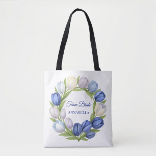 Tote Bag Elégante aquarelle Tulipe Mariage de couronne bleu