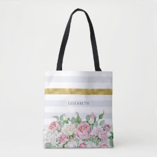 Tote Bag Élégante bande d'or FAUX avec roses roses et nom r
