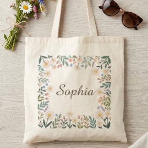 Tote Bag Élégante bordure de fleurs sauvages toile personna