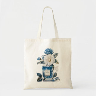 Tote Bag Elégante Bouteille de parfum bleu floral Aquarelle