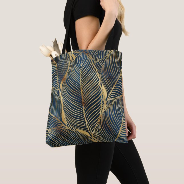Tote Bag Elégante conception de feuille d'or bleu (De près)
