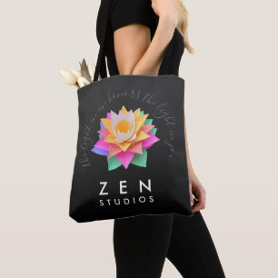 Tote Bag Élégante fleur de Lotus multicolore sur noir
