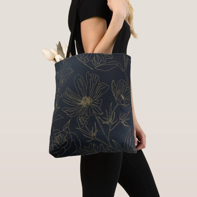Tote Bag Élégante Fleurs d'or Bleu Botanique (De près)