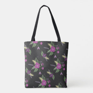 Tote Bag Elégante Fleurs violettes Art sur Noir