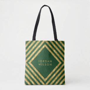 Tote Bag Elégante Green Faux Gold Lignes Carrés géométrique