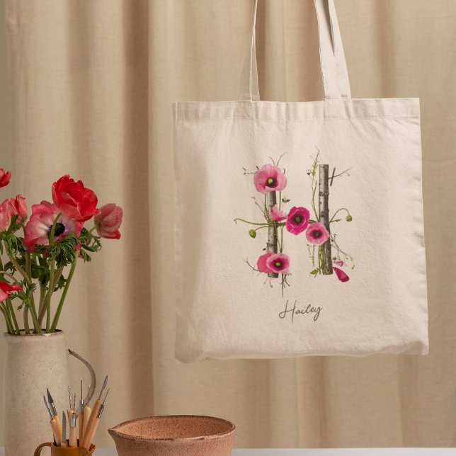 Tote Bag Élégante lettre de pavot 'H' Monogramme Nom person (Créateur téléchargé)