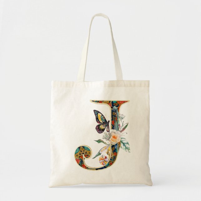 Tote Bag Élégante lettre florale bohème J (Devant)