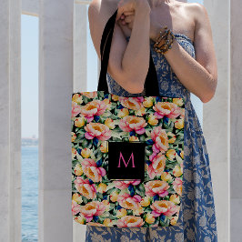 Tote Bag Elégante pivoine aquarelle sur monogramme noir