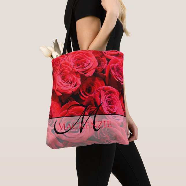 Tote Bag Élégante rose rouge fleurs rouges rouge floral rou (De près)