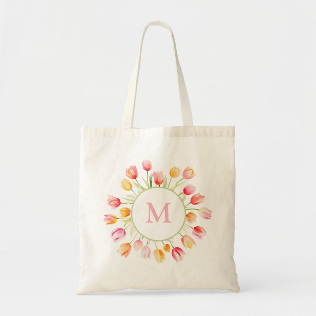 Tote Bag Élégante Tulipe à fleurs d'été rose Monogramme rou (Devant)