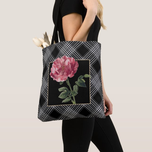Tote Bag Élégantes rayures noires et blanches avec fleurs r (De près)