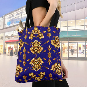 Tote Bag Élégants roses dorés sur bleu royal