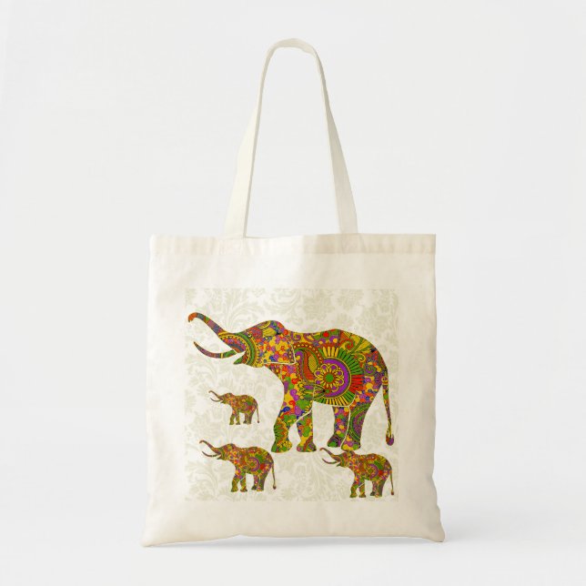 Tote Bag Eléphant à fleur rétro coloré 4 (Devant)