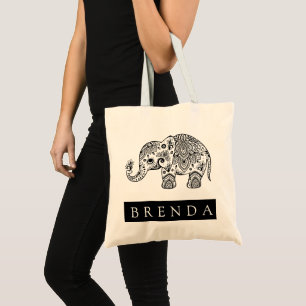 Tote Bag Eléphant de Paisley Floral Noir & Blanc