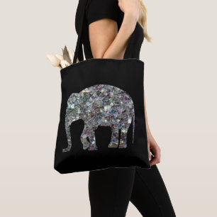 Tote Bag Éléphant en mosaïque argentée scintillante sur fon