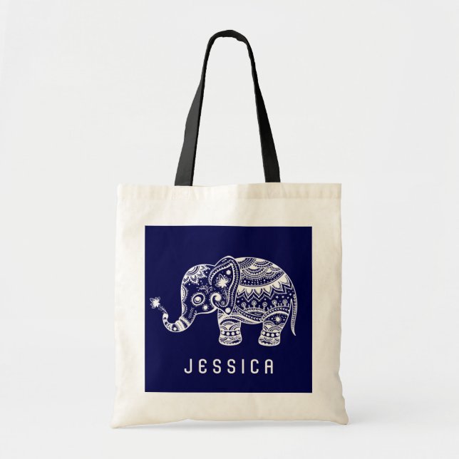Tote Bag Eléphant floral bleu marine et blanc (Devant)
