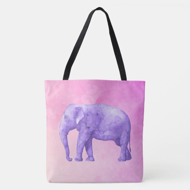 Tote Bag Eléphant violet sur des aquarelles roses de rêve (Devant)
