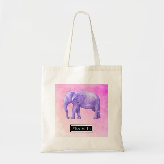 Tote Bag Eléphant violet sur des aquarelles roses de rêve (Devant)