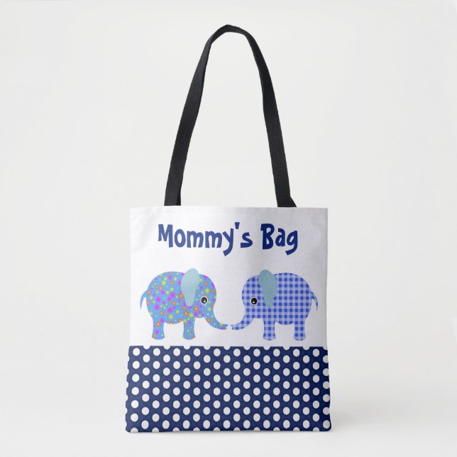 Tote Bag Eléphants bleus avec bloc Pois bleu marine (Devant)