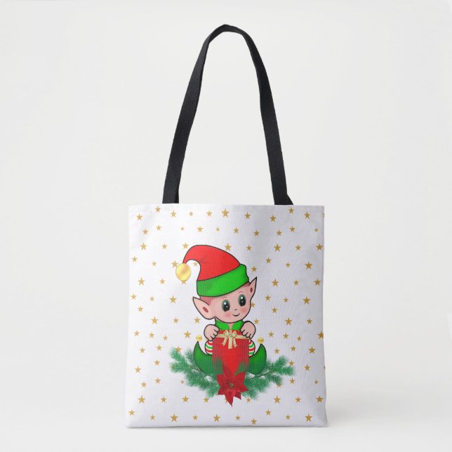 Tote Bag elfe de Noël, pin, poinsettia & stars (Devant)