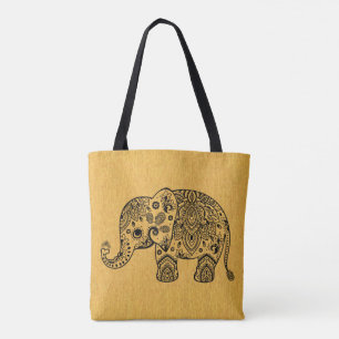 Tote Bag Emballage Eléphant Paisley Sur Texture Or
