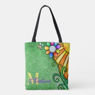 Tote Bag Emerald Green Parties scintillant Whimsy Flower Su