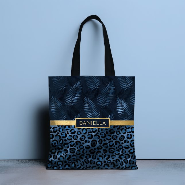 Tote Bag Empreinte de léopard bleu Shimmer Nom floral tropi (Créateur téléchargé)