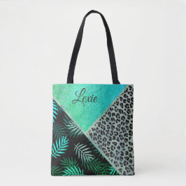 Tote Bag Empreinte de léopard Tropical Turquoise